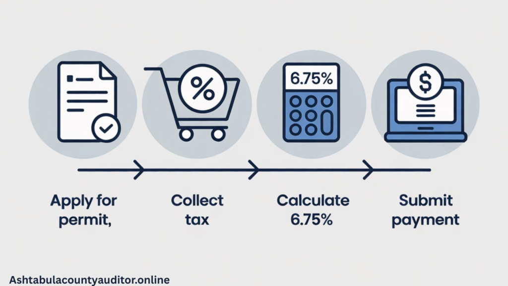 Ashtabula County Sales Tax Rate 2025 with visual icons for registration, collection, and payment.
