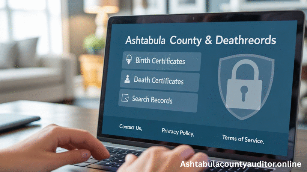 Ashtabula County Birth and Death Records Search online portal on laptop,