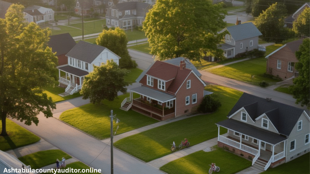 Aerial neighborhood view highlighting family-friendly areas with beautiful houses for rent in Ashtabula County.