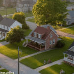 Aerial neighborhood view highlighting family-friendly areas with beautiful houses for rent in Ashtabula County.