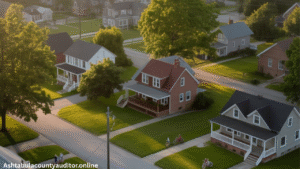 Aerial neighborhood view highlighting family-friendly areas with beautiful houses for rent in Ashtabula County.