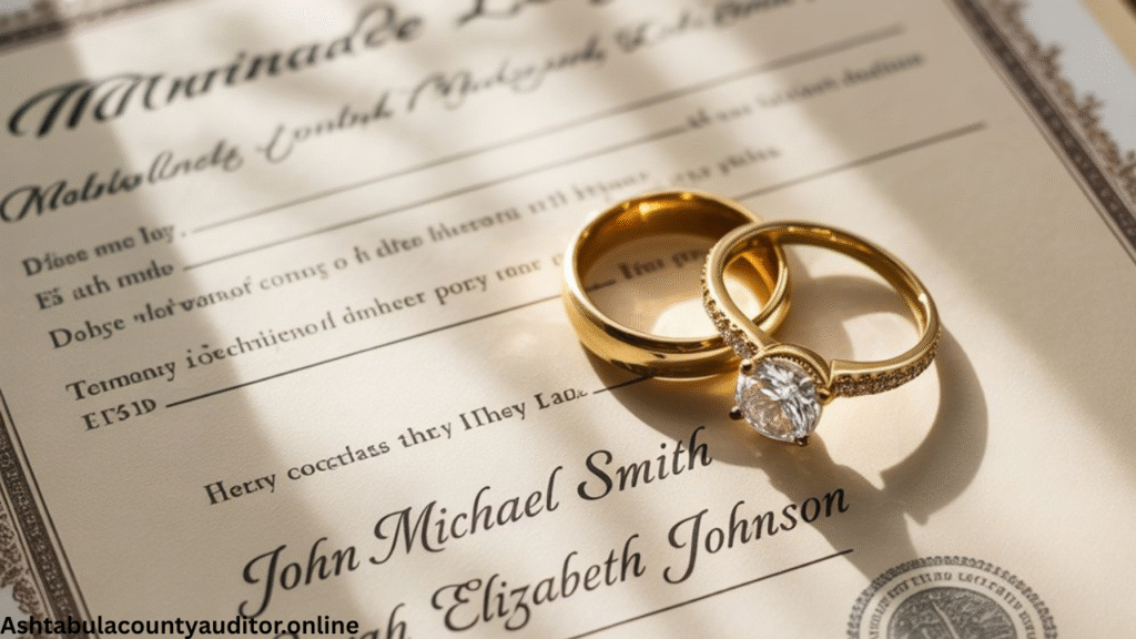 Official Ashtabula County marriage license document with wedding rings.