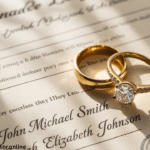 Official Ashtabula County marriage license document with wedding rings.
