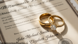 Official Ashtabula County marriage license document with wedding rings.