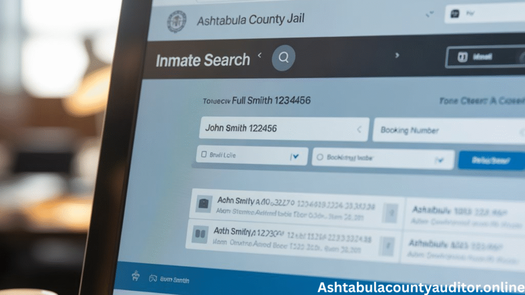 Ashtabula County Jail inmate search showing name and booking number entry on official website."