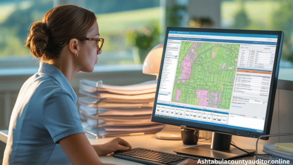 Ashtabula County GIS portal on a laptop with interactive parcel and tax maps.