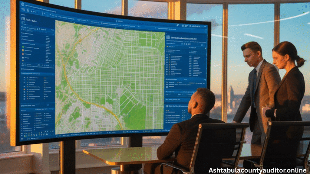 Ashtabula County Auditor analyzing property and land data using GIS mapping software in an office.